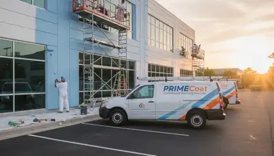 Professional commercial painting contractors in Charleston SC finishing a business exterior façade