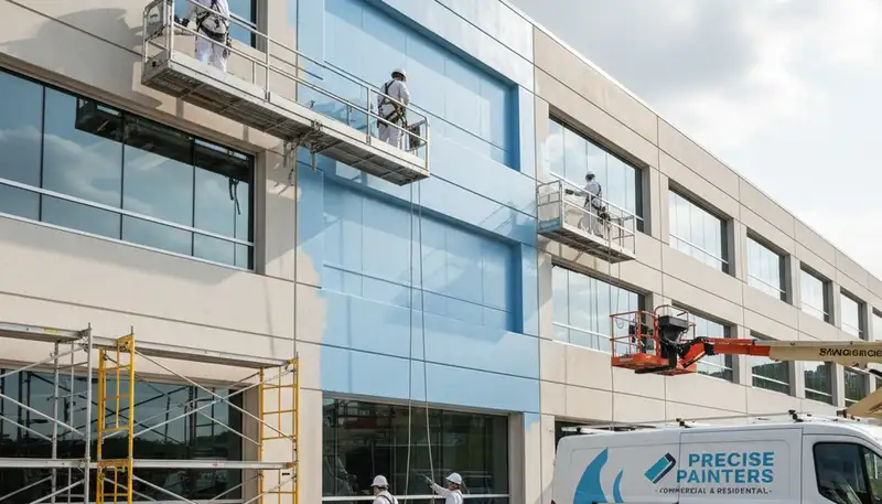Professional commercial painters in Charleston SC applying durable exterior paint to a business building