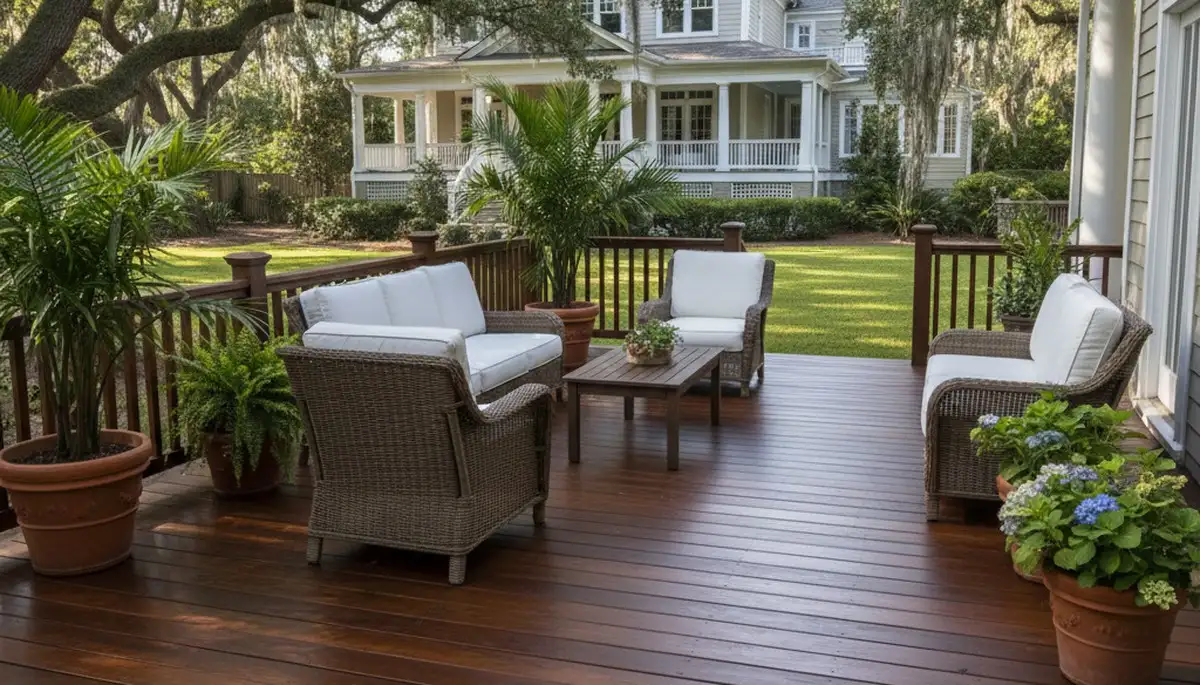 Finished deck staining in Charleston SC highlighting rich wood color and weather-resistant professional finish
