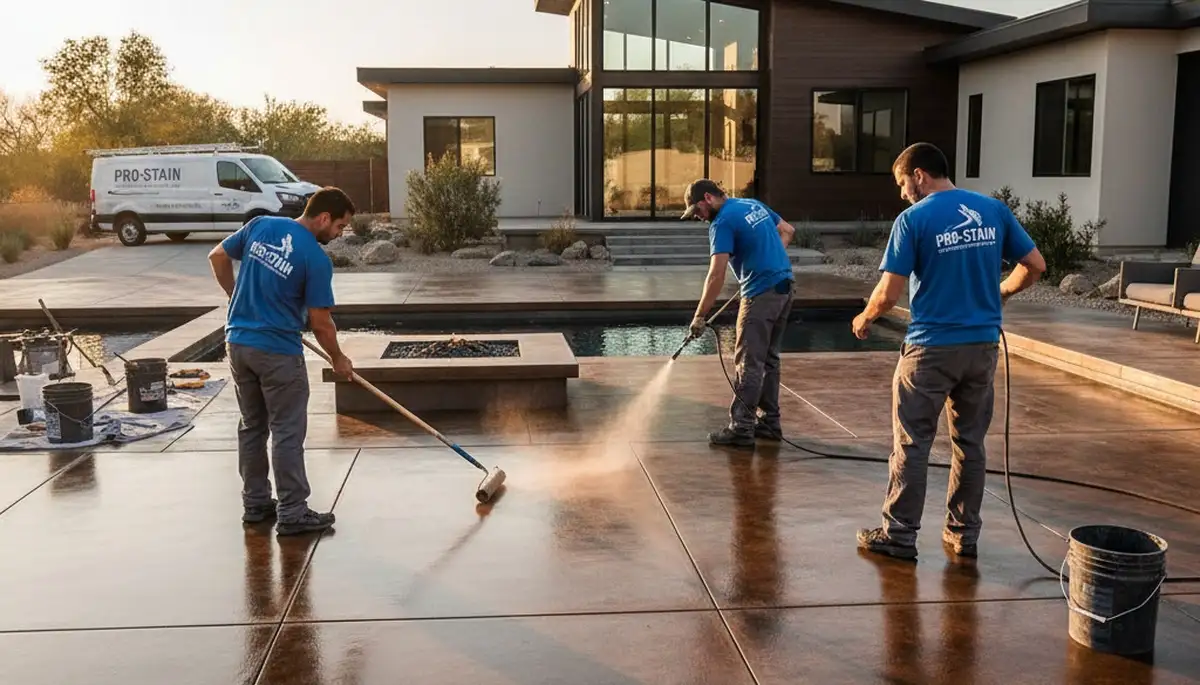 Professional concrete staining on Charleston SC patio with durable, weather-resistant floor coating