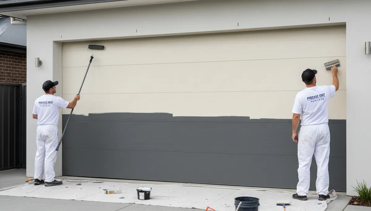 Professional painter finishing a coastal garage door in Charleston SC with durable exterior paint