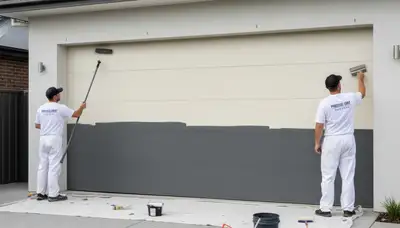 Professional painter finishing a coastal garage door in Charleston SC with durable exterior paint