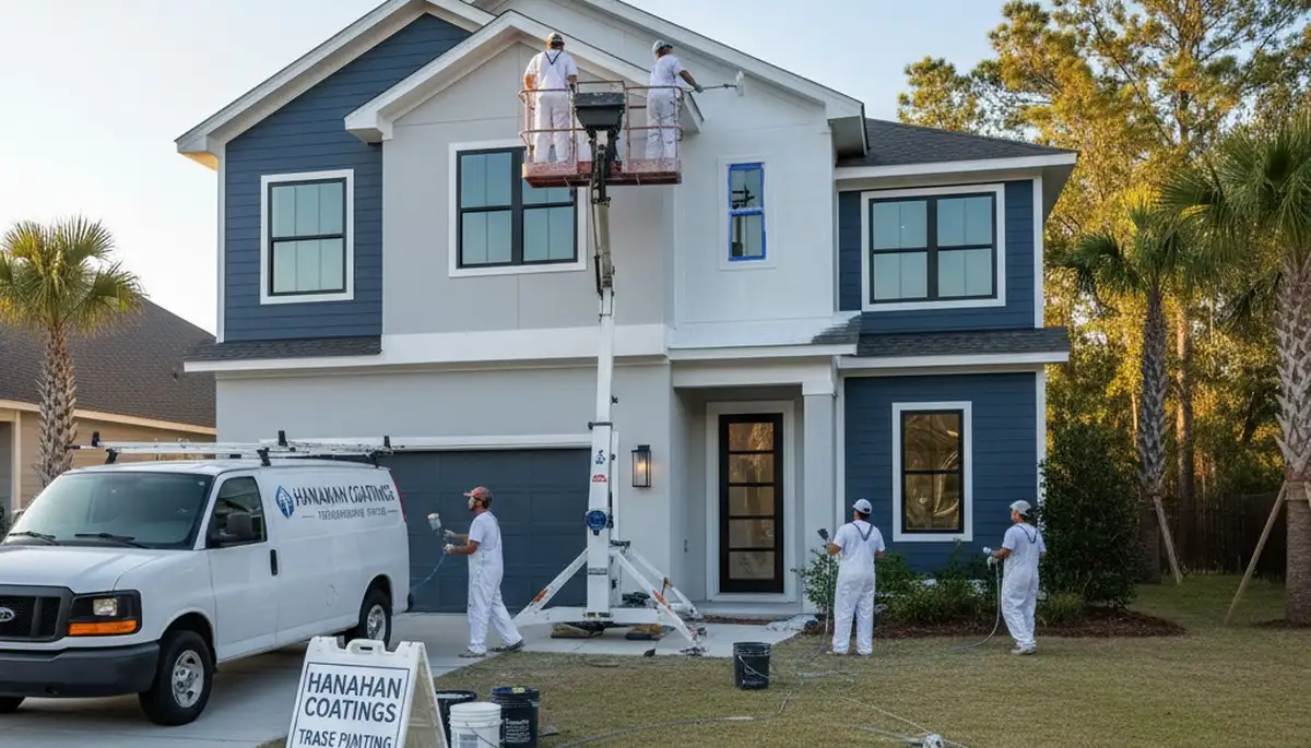Professional house painters working on exterior home repaint in Charleston SC