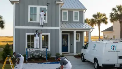 Charleston, SC house-painting team painting a home exterior with professional brushes and ladders