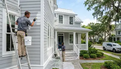 Professional house painters in Charleston SC applying exterior paint to a coastal home