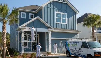 Professional house painters in Charleston SC applying exterior paint to coastal home façade