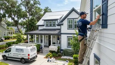 Professional house painters working on Charleston SC home exterior repaint project