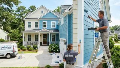 Professional house painters working on exterior home repaint in Charleston SC