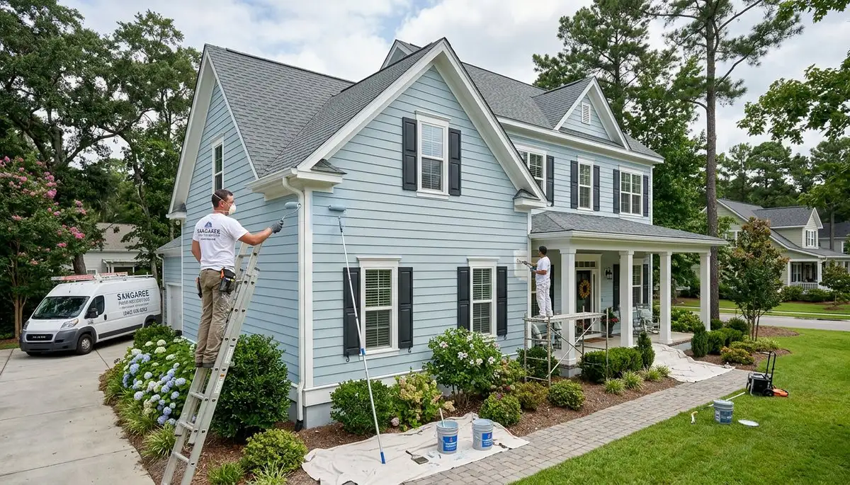 Professional house painters finishing exterior home repaint in Charleston, SC