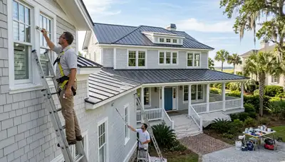 Professional house painters applying exterior paint to home in Charleston SC