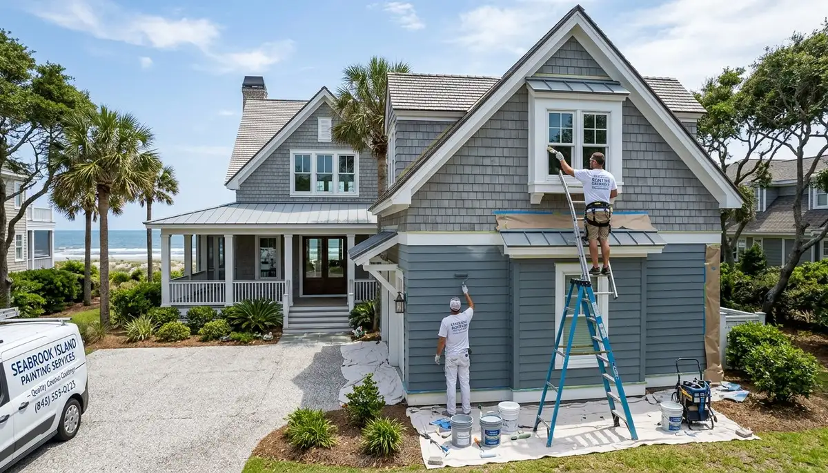 Professional house painters in Charleston SC applying fresh exterior paint to coastal home