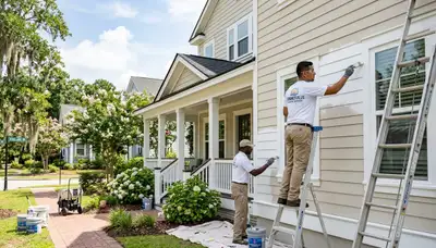 Professional house painters working on exterior home repaint in Charleston, SC