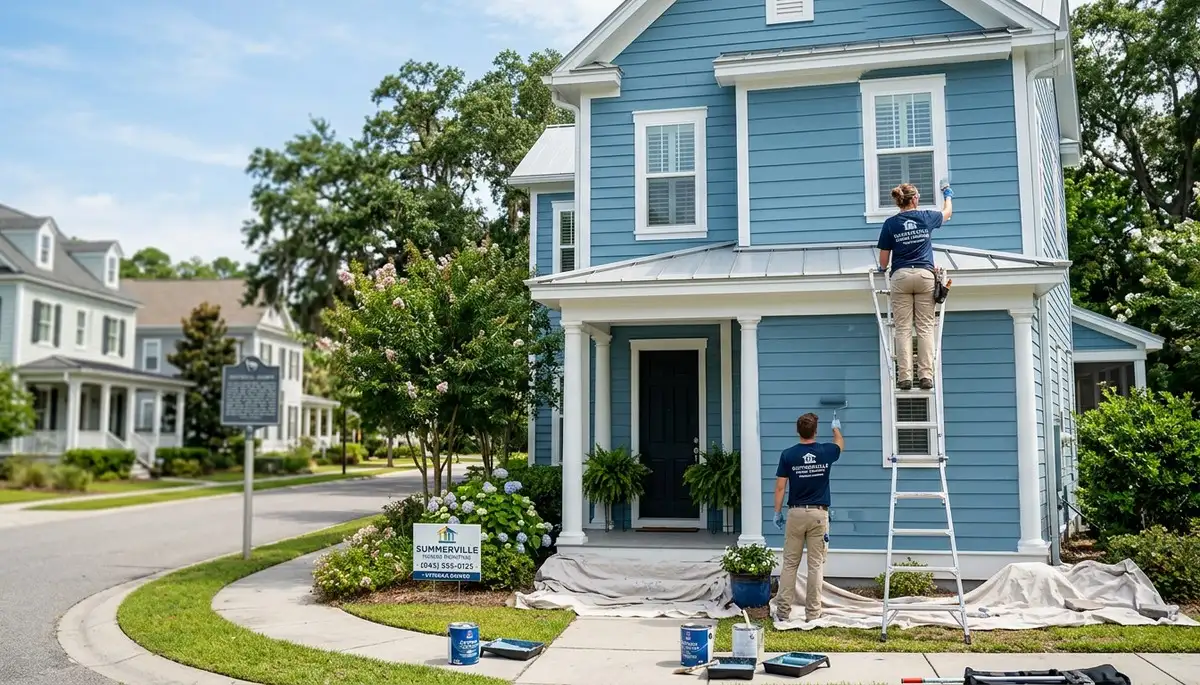 Professional house painters applying exterior paint to home in Charleston SC