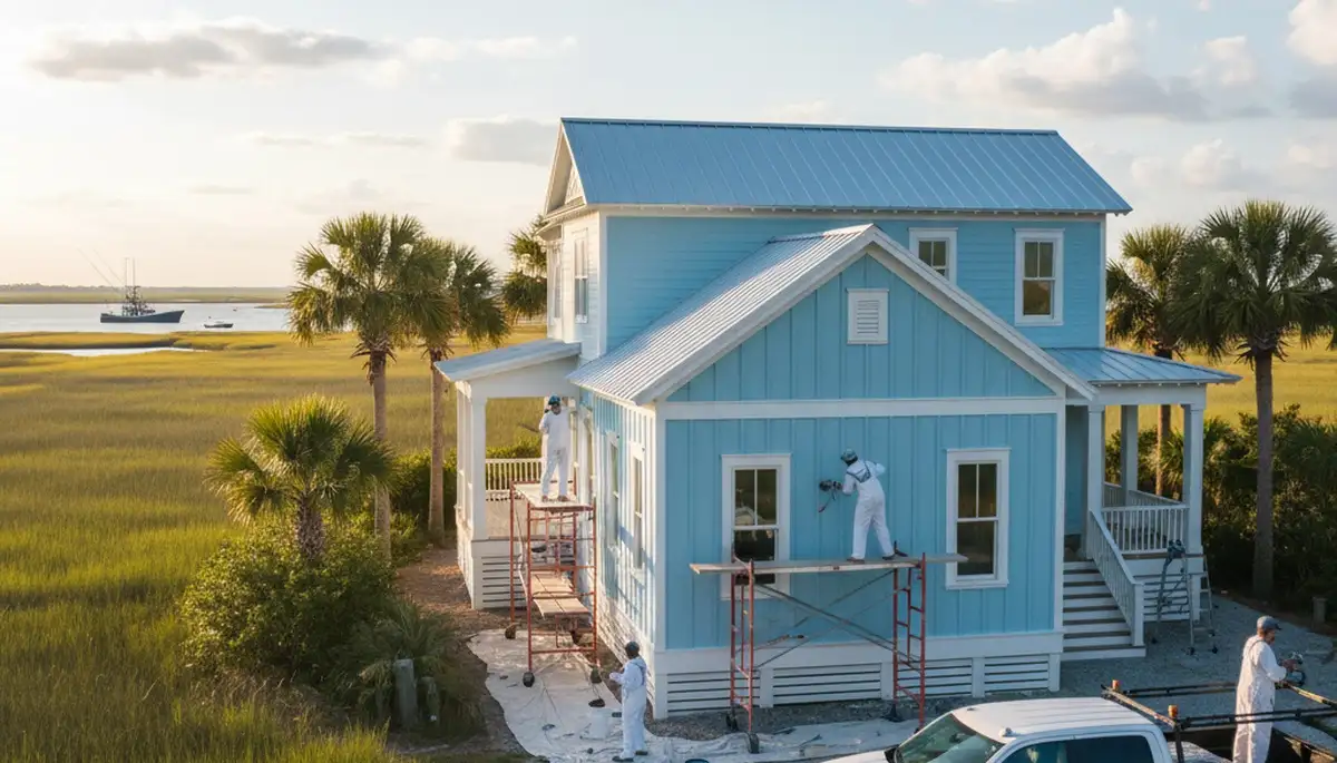 Charleston, SC house painting company team preparing a home exterior for professional painting