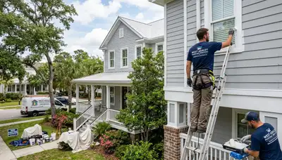 Professional house painters finishing coastal home exterior in Charleston, SC