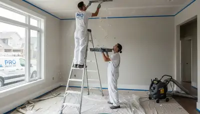 Technicians removing popcorn ceiling in Charleston SC home for smooth modern paint finish