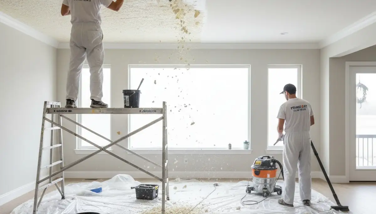 Technicians removing popcorn ceiling in Charleston SC home for smooth modern paint finish